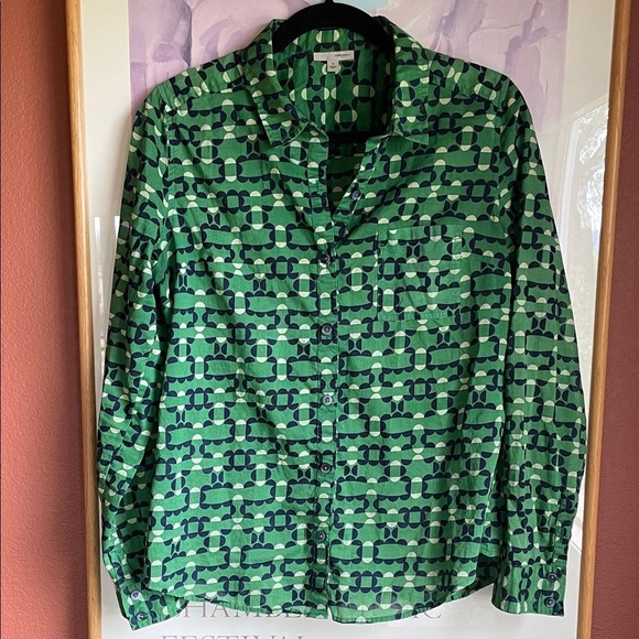 Halogen lightweight cotton button front blouse green geometric print, size M - Picture 1 of 6